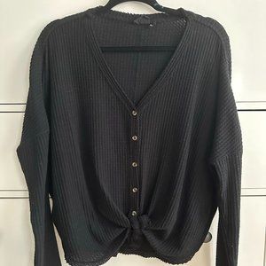 Black Waffle Knit Thermal Oversized Knot Front Long Sleeve Tee Shirt